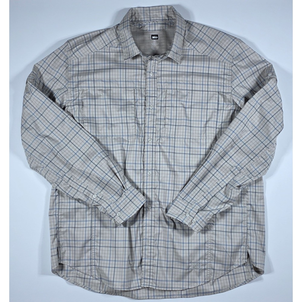 REI Co-op Men's‎ XL Sahara Long Sleeve Hiking Shirt Plaid Tan Ventilated Mesh
